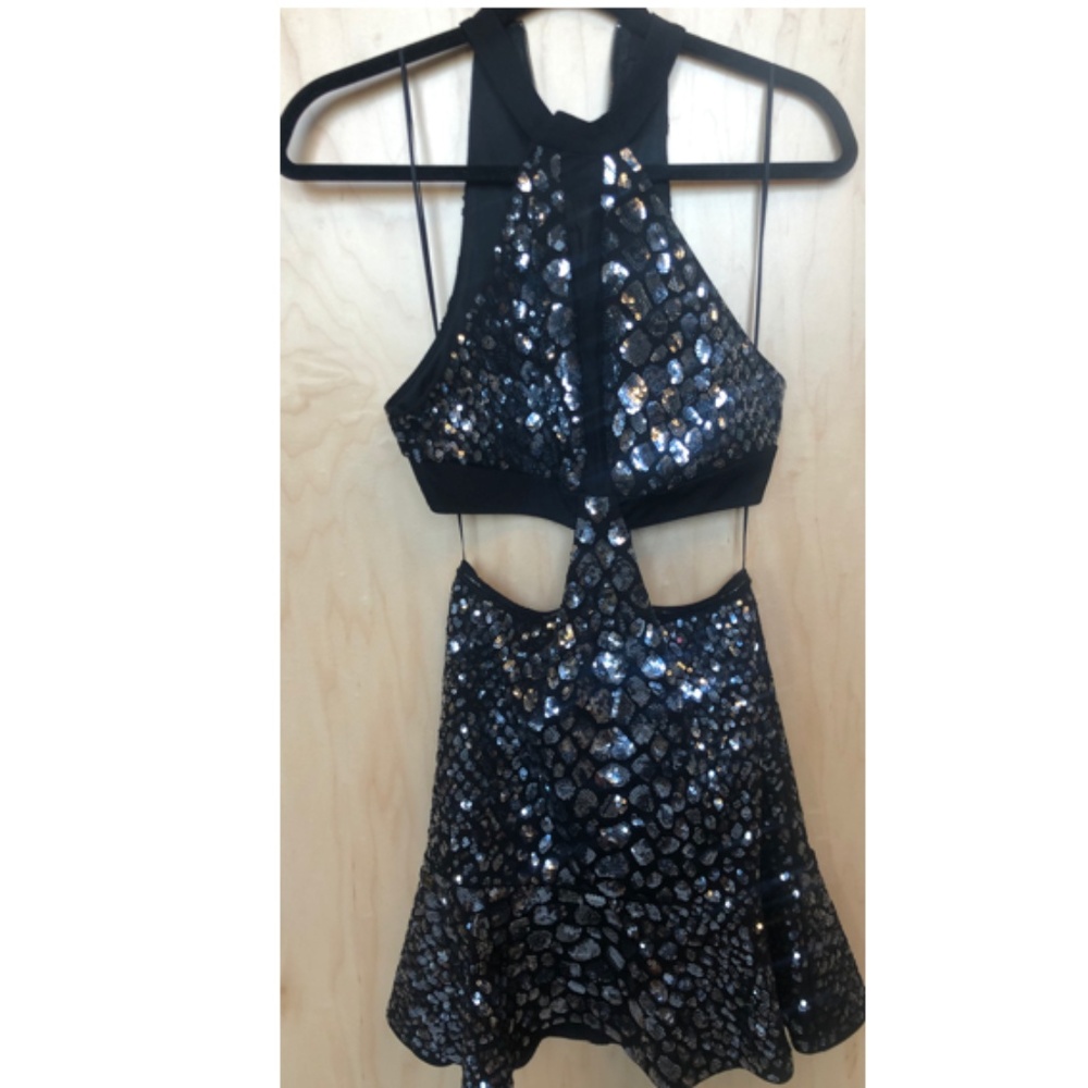 Express Sequin Halter Cutout Dress